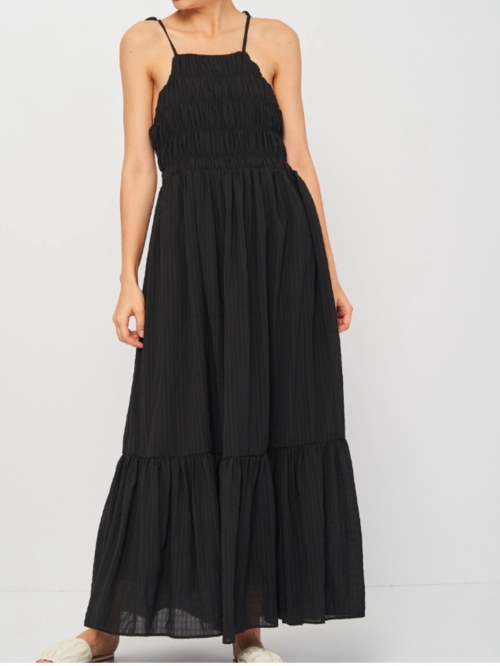 Zara Black Halter Tiered Maxi Dress with Tie Shoulders Fully Lined Size Small